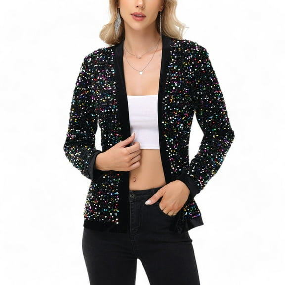 Women's Long Sleeve Open Front Sequin Jacket with Satin Trim - X Large, Candy