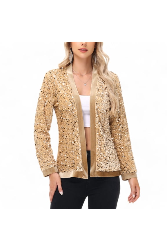 Women's Long Sleeve Open Front Sequin Jacket with Satin Trim - X Large, Gold