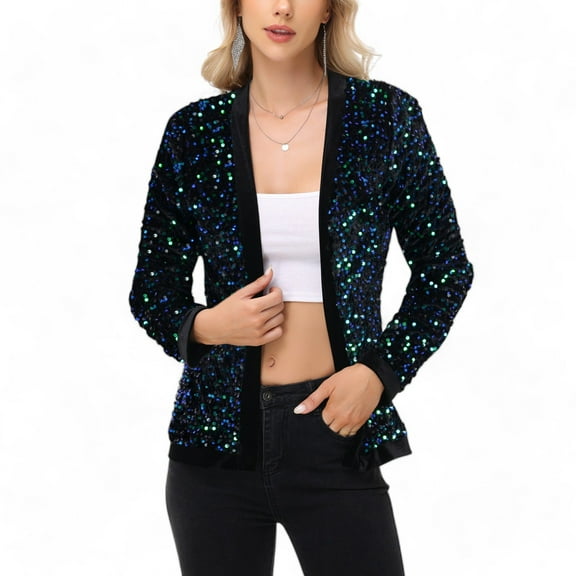 Women's Long Sleeve Open Front Sequin Jacket with Satin Trim - X Large, Mermaid