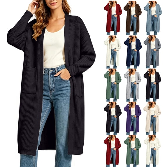 Women's Long Sleeve Over-Knee Knit Cardigan with Pockets Solid color Soft Fall Winter Sweater Coat for Casual Wear
