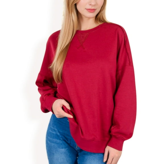 Women's Long Sleeve Oversized Crewneck Sweatshirt with Drop Shoulders - Large, Burgundy