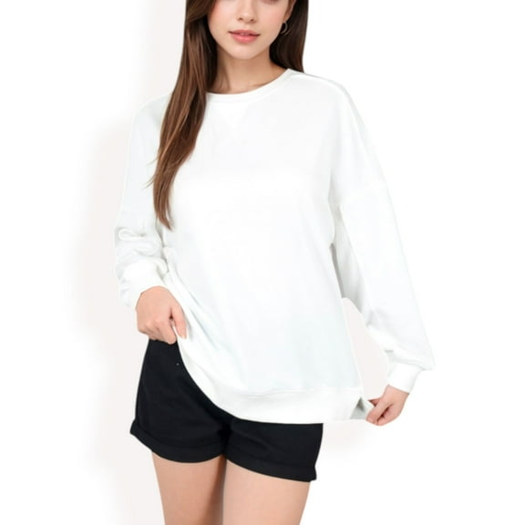 Women's Long Sleeve Oversized Crewneck Sweatshirt with Drop Shoulders - Large, White