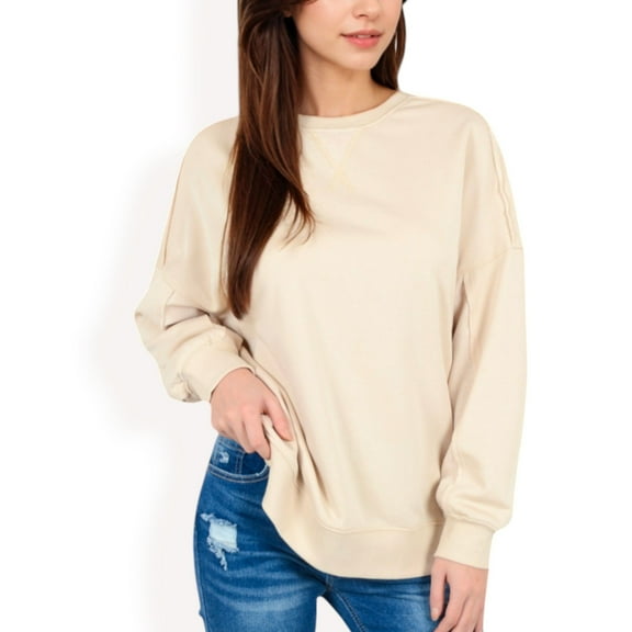Women's Long Sleeve Oversized Crewneck Sweatshirt with Drop Shoulders - X Large, Light Beige
