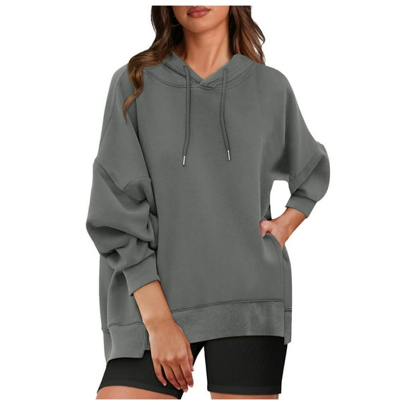 Women's Long Sleeve Oversized Pullover Sweatshirt Solid Color Hoodie with Pockets Fall Winter Clothes for Women (Gray XL)