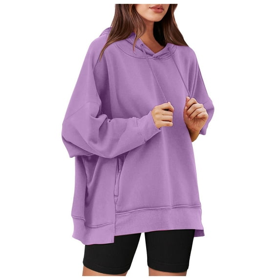 Women's Long Sleeve Oversized Pullover Sweatshirt Solid Color Hoodie with Pockets Fall Winter Clothes for Women (Purple M)