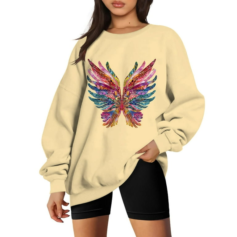 Women s Long Sleeve Oversized Sweatshirt Print Pullover Tops Crewneck Vintage Graphic Tunics Plus Size Shirts Fall Fashion for Women 2024 Trendy beige Small Walmart
