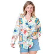 FASHIONSTREAM Women's Long Sleeve Oversized Voile Shirt with Chest Pocket Mosaic, Beach Fruit Print