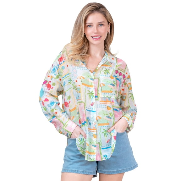 Women's Long Sleeve Oversized Voile Shirt with Chest Pocket Mosaic, Beach Fruit Print