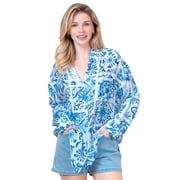 FASHIONSTREAM Women's Long Sleeve Oversized Voile Shirt with Chest Pocket Mosaic, Beach Fruit Print