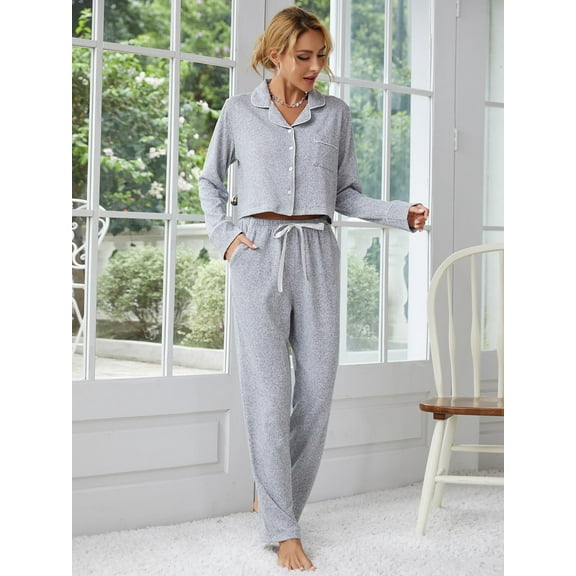 ebukurty Pajama Sets for Women 2 Piece V-neck Long Sleeve Gray Sleepwear for Autumn and Winter, Sizes S/L-XL
