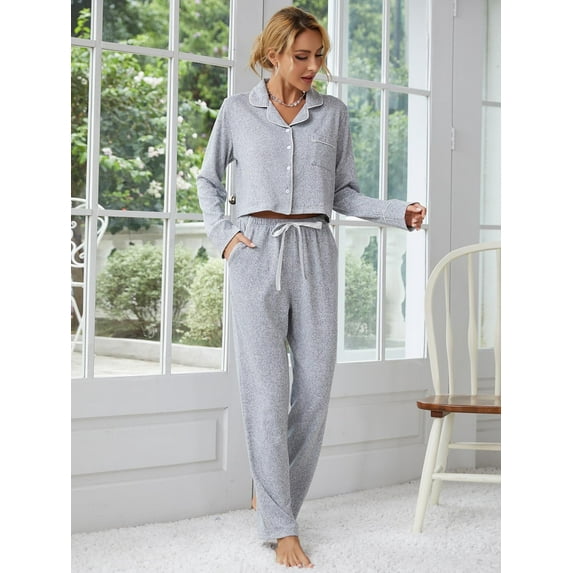 ebukurty Pajama Sets for Women 2 Piece V-neck Long Sleeve Gray Sleepwear for Autumn and Winter, Sizes S/L-XL