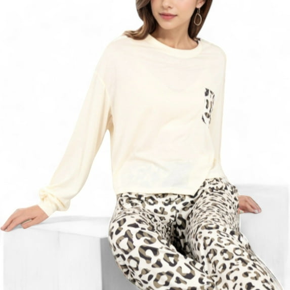 Women's Long Sleeve Pajama Set with Leopard Print Drawstring Pants and Chest Pocket - Small, Yellow
