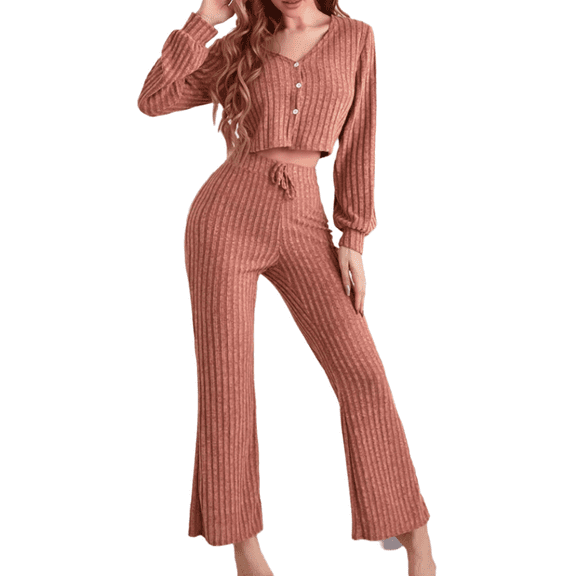 Women's Long Sleeve Pajamas Set Ribbed Lounge Set Sleepwear Fall Winter Loungewear Outfits