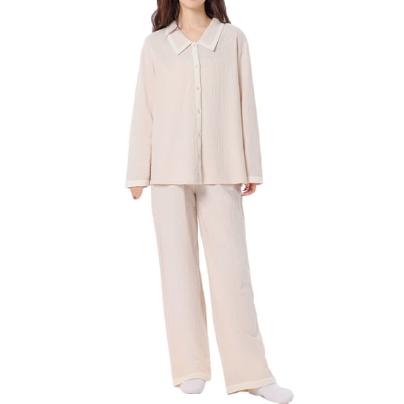 Women's Long Sleeve Pajamas Suit with Long Pants Cotton Soft Comfy Solid Trendy Lounge Sets Beige,L