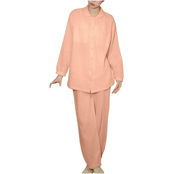 Women's Long Sleeve Pajamas Suit with Long Pants Cotton Soft Comfy Solid Trendy Lounge Sets Orange,M