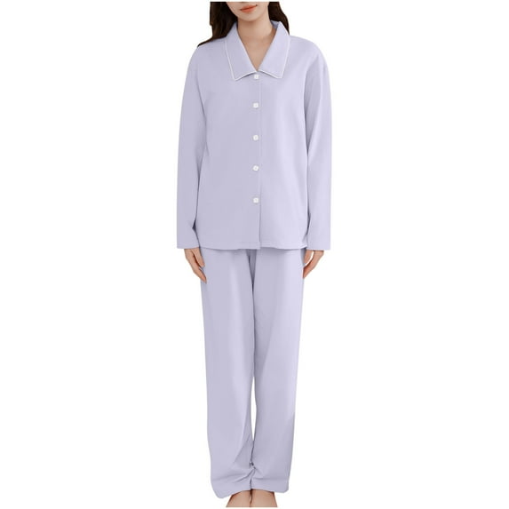Women's Long Sleeve Pajamas Suit with Long Pants Cotton Soft Comfy Solid Trendy Lounge Sets Purple,L