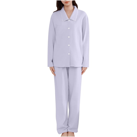 Women's Long Sleeve Pajamas Suit with Long Pants Cotton Soft Comfy Solid Trendy Loungewear Sets Purple,XL