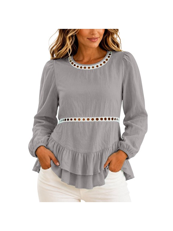 Women's Long Sleeve Peplum Tops, Fashion Hollow out Crew Neck Shirt, Casual Ruffle Hem Loose Fits Pullover Tops