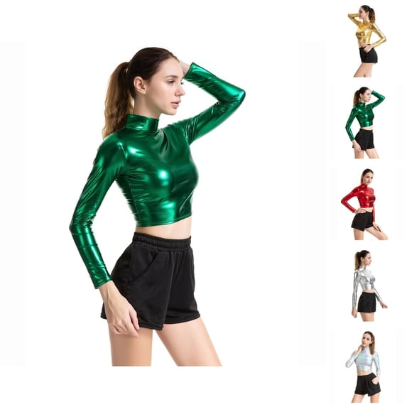 Women's Long Sleeve Performance Shirt Slim Fit High Neck Glossy Coated Solid Color T Shirt For Dance Yoga Workout