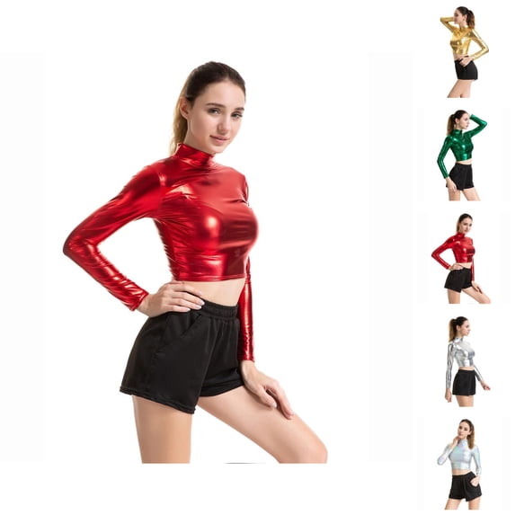 Women's Long Sleeve Performance Shirt Slim Fit High Neck Glossy Coated Solid Color T Shirt For Dance Yoga Workout