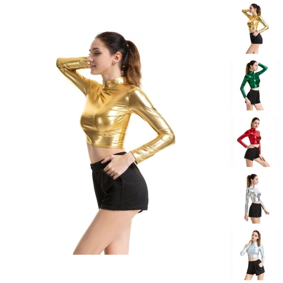 Women's Long Sleeve Performance Shirt Slim Fit High Neck Glossy Coated Solid Color T Shirt For Dance Yoga Workout