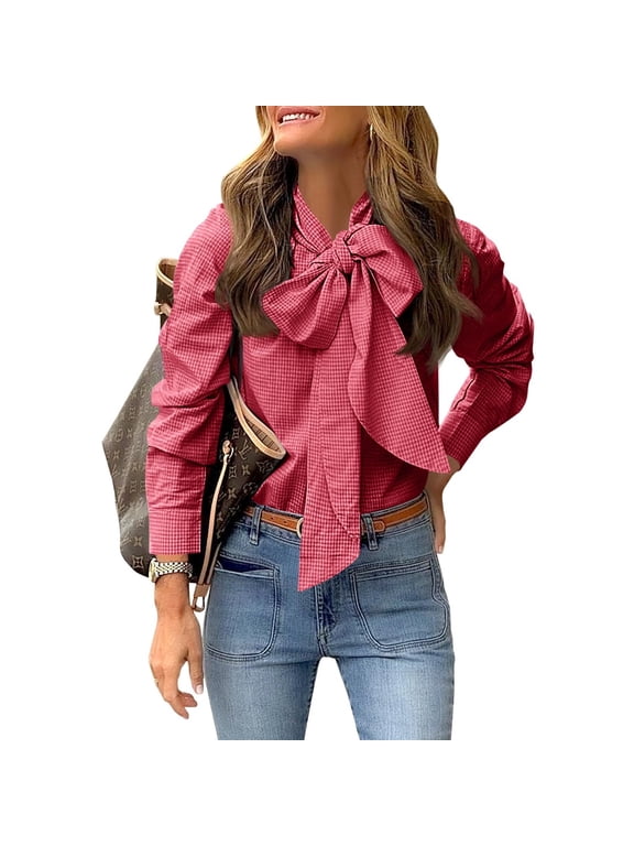 Women's Long Sleeve Plaid Button-Down Blouse with Self-Tie Bow Neck – Casual Work Office Top, Business Casual, Gingham Checked Shirt