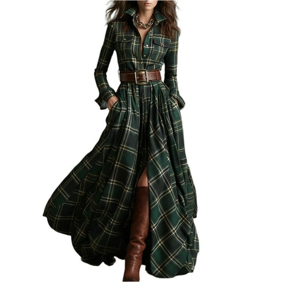 Women s Long Sleeve Plaid Button Down Maxi Shirt Dress Multiple Color Options Flowy Full Length Skirt Side Pockets Collared Neckline Fabric Casual Fall (No belt)