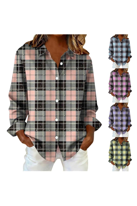 Women's Long Sleeve Plaid Button Up Shirt Tops Blouses Tunics Crewneck Loose Fit Flared Hem Casual Daily Wear Business Office Vacation Fashion Essential Gift for Women | CSEONE,Light Blue L