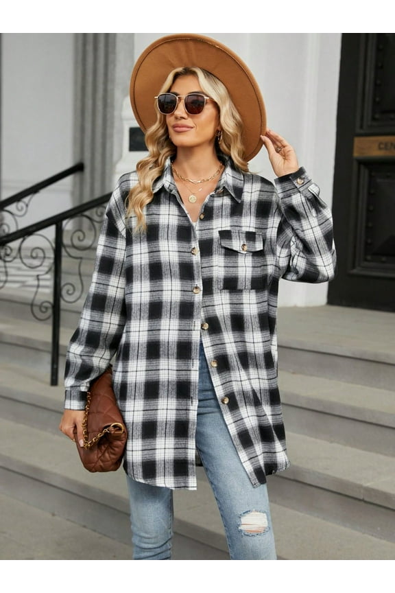 Women's Long Sleeve Plaid Button-Up Shirt Jacket with Collared Neckline - Large, Black
