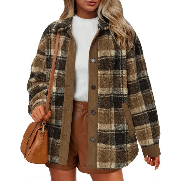 Women's Long Sleeve Plaid Print Jacket with Pockets and Plush Material, Great for Casual Fashion and Outdoor Activities,Brown,S