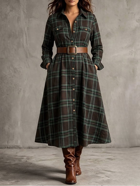 Women's Long Sleeve Plaid Shirt Dress, Button Down Front, Decorative Chest Flap Pockets, Side Pockets, Belted Waist Flared Midi Skirt, Vintage Casual Dress For Autumn Winter Wear