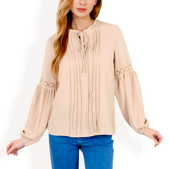 Women's Long Sleeve Pleated Blouse with Lace Detail and Tie Neck - Small, Beige