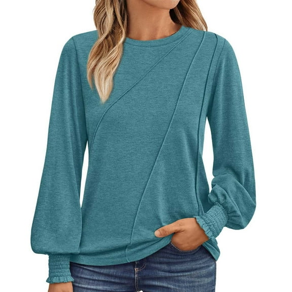 Women's Long Sleeve Pleated Crew Neck Blouse - 82% Polyester Business Casual Top, 2024 Trendy - S-XXL Sizes