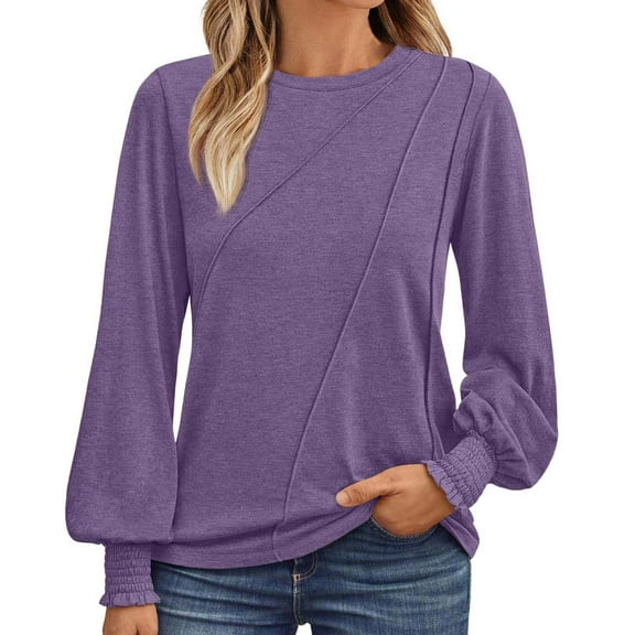 Women's Long Sleeve Pleated Crew Neck Blouse - 82% Polyester Business Casual Top, 2024 Trendy - S-XXL Sizes