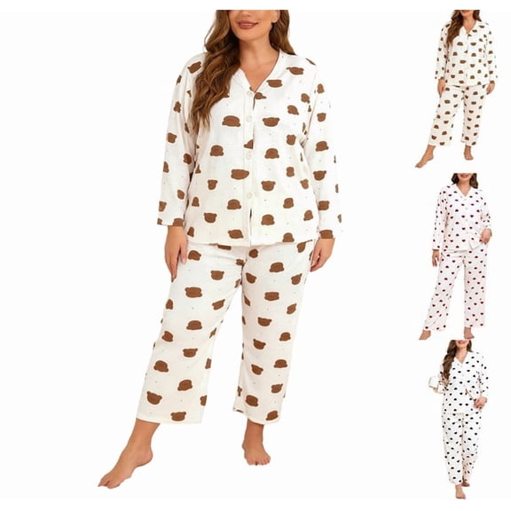 Women's Long Sleeve Plus Size Button Down Pajama Set 2 Piece Heart Print Sleepwear Cute Shirt Long Pants Matching Sets Brown 4XL