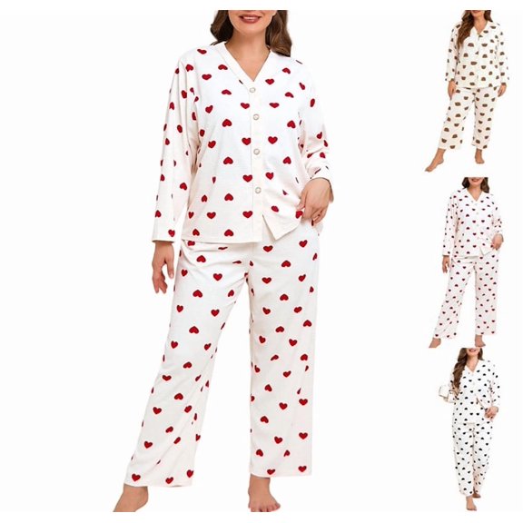 Women's Long Sleeve Plus Size Button Down Pajama Set 2 Piece Heart Print Sleepwear Cute Shirt Long Pants Matching Sets Red 3XL