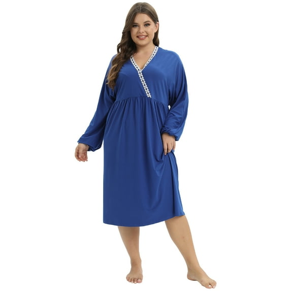 Women's Long Sleeve Plus Size Nightgown Sleepwear V Neck Nursing Breastfeeding Nightgown Soft Pleated Oversized Nightshirt Sleep Dress, XL-4XL