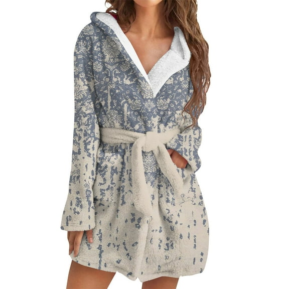 Women's Long Sleeve Plush Bathrobe - Winter Warm Christmas Checkered Homewear, Khaki, M