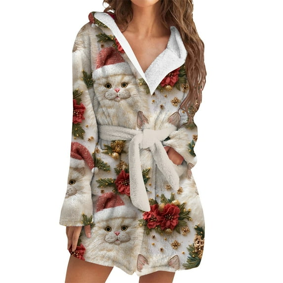 Women's Long Sleeve Plush Bathrobe - Winter Warm Christmas Printed Homewear, Beige, M