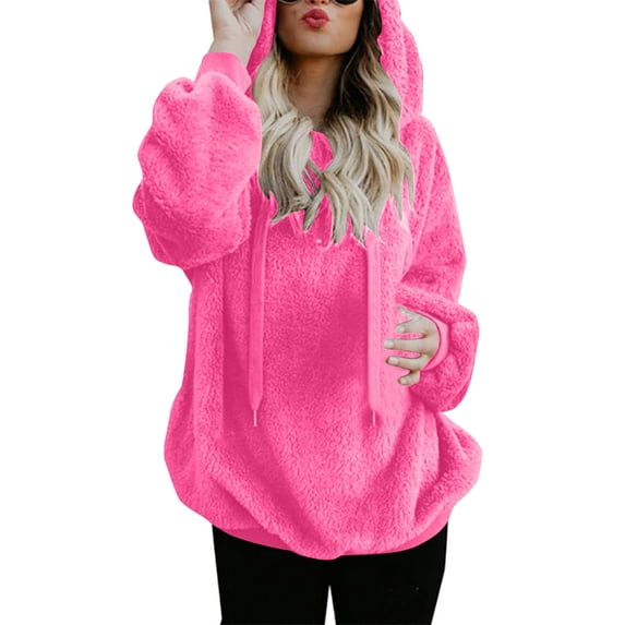 Women's Long Sleeve Pocket Solid Color Warm Pullover Hooded Sweatshirt Basic Winter Clothing Outfits Fall Clothes