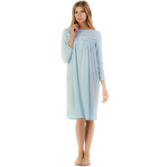 Women's Long Sleeve Pointelle Embroidered Night Gown