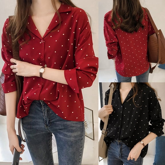 Women's Long Sleeve Polka Dot Blouse Turn Down Collar Button Front Casual Shirt