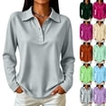 thumbnail image 1 of Women's Long Sleeve Polo Shirt with Button Placket | Long sleeve polo design, button placket, collared neckline, relaxed fit, teacher shirts for women elementary, fitted tops Gray L, 1 of 7
