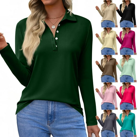 Women's Long Sleeve Polo Shirt Classic Button Down Collar Golf Top for Casual & Work Pink XL