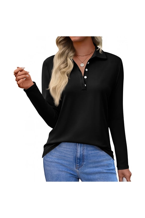 Women's Long Sleeve Polo Shirt Classic Button Down Collar Golf Top for Casual & Work Spring Blouses Black XL