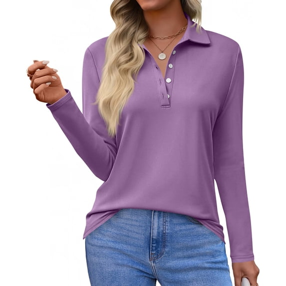 Women's Long Sleeve Polo Shirt Classic Button Down Collar Golf Top for Casual & Work Spring Blouses Light Purple M