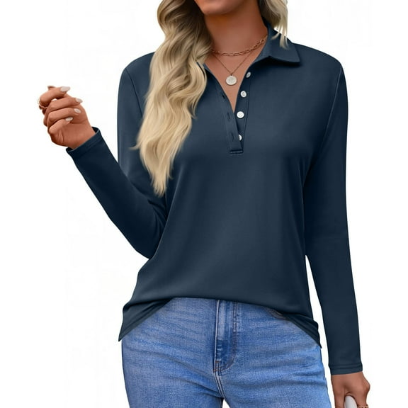 Women's Long Sleeve Polo Shirt Classic Button Down Collar Golf Top for Casual & Work Spring Blouses Navy S