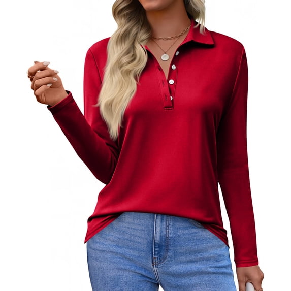 Women's Long Sleeve Polo Shirt Classic Button Down Collar Golf Top for Casual & Work Spring Blouses Red L