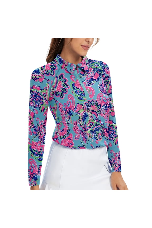 Women’s Long Sleeve Golf Polo Shirt Quarter Zip Moisture Wicking Collared Workout Top Slim Fit Pullover Athletic Shirt