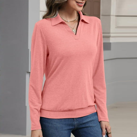 Women's Long Sleeve Polo Shirts Casual Solid Color V Neck Tops Fall Collar Ladies Tunics Tees Pink L